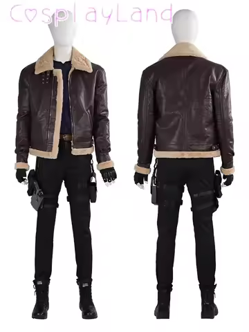 Game RE 4 Remake Cosplay Leon Scott Costume Full Set Police Outfit With Props Brown Jacket Halloween