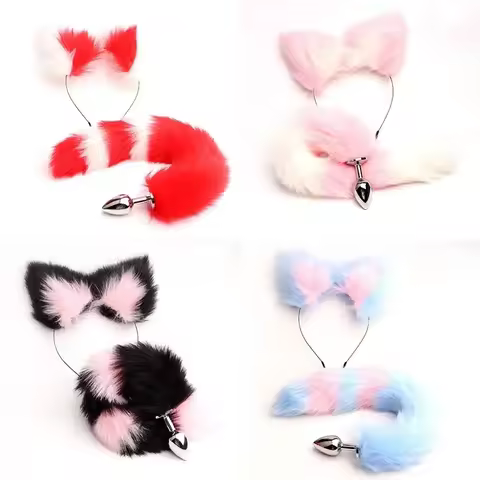 40cm Fluffy Fox Tail Anal Plug Set with Plush Cat Ears Headband – Erotic Cosplay & Sensual Play for 