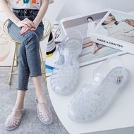【Fast Shipping】Flat bottomed hollowed out casual jelly rain shoes sparkling crystal plastic shoes bu