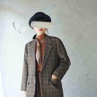 尋寶古著-LANVIN咖啡棕Tweed格紋毛呢中性西裝外套