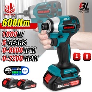 1000WElectric Screwdriver 600N.M (1pc drill bit gift) 88VF Rechargeable lithium battery 5 Gears impact Drill brushless Drill 6.35mm charging screendriver, electric driver for makita battery 18V