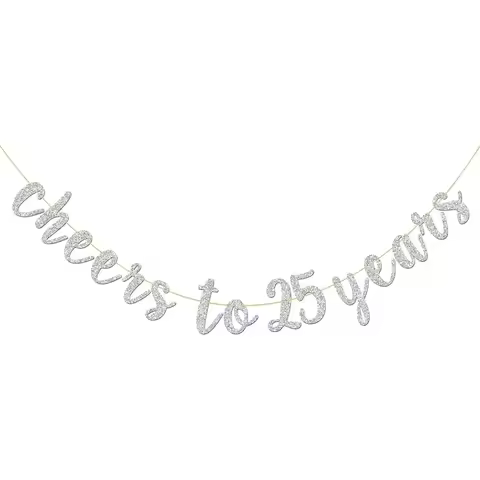 Glitter Silver Cheers to 25 Years Banner - 25th Birthday Sign Bunting 25th Marriage Anniversary Part