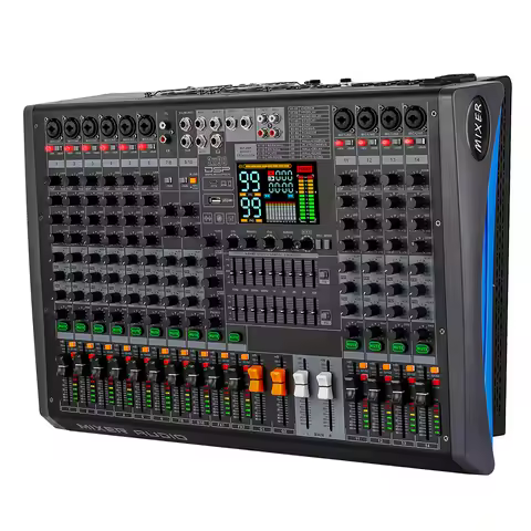 Professional 14-Channel Powered Audio Mixer Console 2x350W Dual 99 DSP Effects BT 5.0 OTG RGB for St