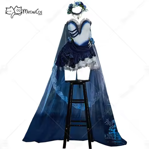 Meowcos Women's Bride Halloween Gothic White Blue Zombie Bride Dress Dark Style Irregular Tube Dress