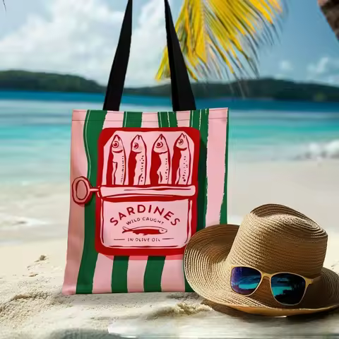 1pc Sardine Can Artwork Tote Bag -Reusable & Multi-Functional Handbag "Sardines in Olive Oil" Design