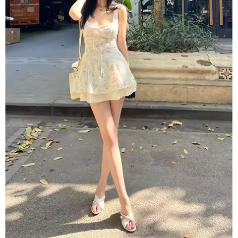Princess Style Floral Print Mini Dress Women's Summer Belted Slimming Sweet Spicy Tea Break French S