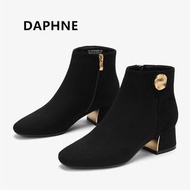 Daphne/達芙妮正品秋冬新款女靴 簡約摩登顯瘦短靴中粗跟復古絨面及踝女靴 全新庫存清倉 挑戰最低價 任選3件免運費