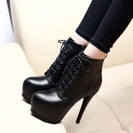 เซ็กซี่ หัวเข็มขัด สไตล์อังกฤษ แพลตฟอร์มกันน้ํารองเท้าสั้น 14 ซม.รองเท้าส้นสูง Martin BOOTS ผู้หญิง