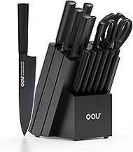OOU Kitchen Knife Block Set - 15 Pieces High Carbon Stainless Steel Chef Knife Sets, Anti-Rust Black