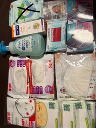 Swashes 濕紙巾、VITIS kids 花王洗髮露、NUK 母乳墊、UZURAN 嬰兒清潔棉，清潔棉，兒童牙膏