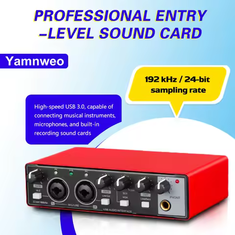 YAMNWEO MD21 Red USB Audio Interface Sound Card, 24Bit/192kHz Dual Channel Sound Card with Dual Inpu