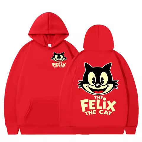 Fashion Felix Cat Print Sweatshirt Black Loose Fit Plus Size Hoodie Classic Cartoon Fleece-Lined Swe