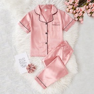 Bộ đồ ngủ phong cách nữ sinh cỡ lớn, quần dài vải đơn giản màu hồng dưa hấu & áo len cardigan tay ng