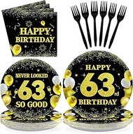 96Pcs 63rd Birthday Decorations for Men Women Black Gold 63rd Birthday Party Plates Disposable 63 Pa