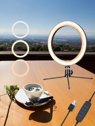 1套設計桌面環型led燈附可摺疊金屬三腳架,可調光環狀自拍燈帶,遠端控制,適用於視頻錄製,直播,化妝