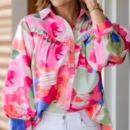 เสื้อบลาวส์แขนยาวหลวม พิมพ์ลายไทย-ดาย ขอบระบาย