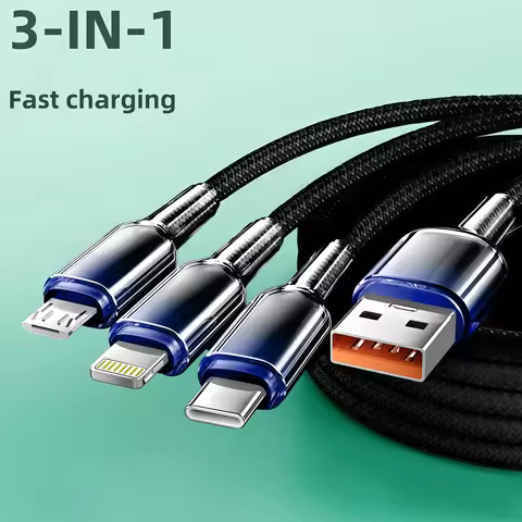 3-In-1 Super Fast Charging Cable, 3-In-1 Charging Cable With Transparent Illuminated Braided Nylon W