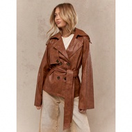 Áo khoác trench coat dài tay rộng giả da có thắt lưng