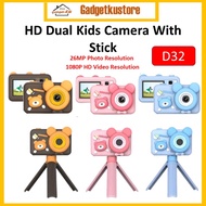 26MP Dual HD Kids Camera With Stand Photo Video Front Back Camera Cute Bear Rabbit Games Music Stick