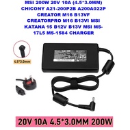 MSI 200W 20V 10A (4.5*3.0MM) CHICONY A21-200P2B A200A022P CREATOR M16 B13VF MSI KATANA 15 B12V B13V 
