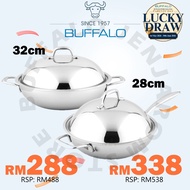 BUFFALO 28cm/32cm 3-ply SUS304 Honeycomb Wok Flat Bottom Wok With Stainless Steel Lid (No Coating) 牛