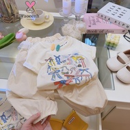 【YAOEENH】90-170CM Summer Girls Cartoon T-Shirt Mosquito Pants Suit Middle Big Kids Bow Short Sleeve 