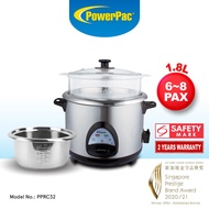 PowerPac Rice Cooker 1.8L, Rice Cooker with Stainless Steel Pot and Food Steamer (PPRC32)