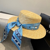 CHANEL444 Blue White Chain Ribbon Decorative Straw Hat Ladies Summer Sunscreen Beach Vacation Hat