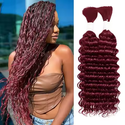 99j Burgundy Human Hair Bulk For Braiding 16-24Inch Colored Dark Wine Deep Wave Curly Boho Braids Hu