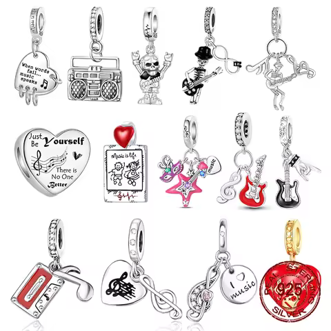 100% 925 Sterling Silver Electric Guitar Rock Musical Note Carousal Charms Beads for Bracelet Neckla