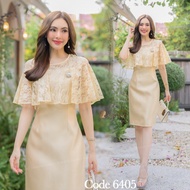 6405:งานเดรสผ้าไหมญี่ปุ่นคอปาด แต่งระบายลูกไม้ช่วงคอและแข