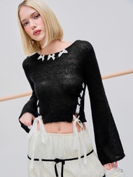 Cider Bowknot Lace Up Knitted Long Sleeve Crop Top