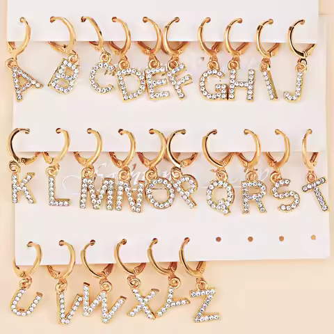 1 Pair Kpop A-Z Letters Initial Charm Earrings Hoop Earrings For Women's Shiny Rhinestone 26 Letter 