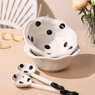 CR001 - 6 inch black polka dot ceramic bowl for salad, breakfast bowl at home, dessertPiece