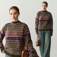 【100%羊毛】 法式簡約/圓領費爾島套頭毛衣/重工提花針織衫