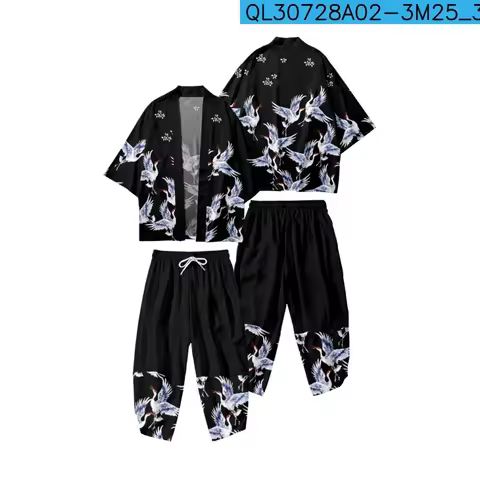 Japanese Summer Kimono Set Crane Dragon Koi Print Robe Cardigan Haori Outfit Traditional Asian Cloth