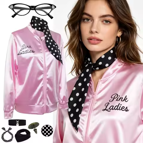 Vintage Pink Ladies Jacket Grease 50s Cosplay Costume For Women Girls 1950s Party Outfits Accessorie