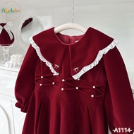 Váy bé gái ALBERKIDS nhung đỏ ren cổ đính ngọc đính nơ cho trẻ em 2-12 tuổi A1114