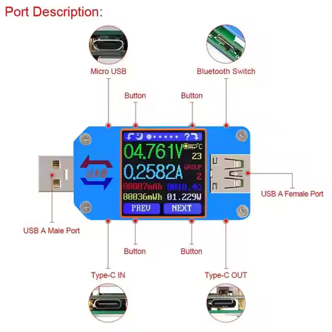 UM25 UM25C Voltage and Current Meter USB 2.0 Type-C LCD Color Display Voltmeter Ammeter Battery Char