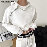 INCERUN แขนยาวสำหรับผู้ชายซิปเอวสูงเสื้อเสื้อฮู้ดแฟชั่นเชือกรูด (สไตล์เกาหลี)