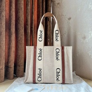 Chloe Woody中號tote托特包帆布拼皮 肩背包