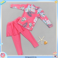 Kids Girls Long Sleeve Muslimah Swimsuit 2Pcs Set Swimwear Dress Pants Aloha Hawaii Beach Bathing Su