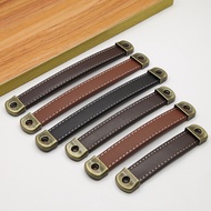 96mm 128mm 160mm Brown Furniture Handles Cowhide Wardrobe Drawer Door Pull Leather Kitchen Cabinet H