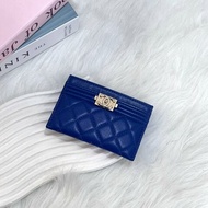 CHANEL BOY銀扣菱格紋卡夾藍羊皮29開