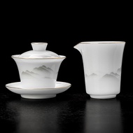 ชุดเครื่องดื่มชา Ice Porcelain Three Talent Lid Bowl ชามตักชาแบบลอยไม่ร้อนมือ ชุดเครื่องดื่มชาคุณภาพ