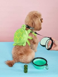 1套綠色寵物戶外套裝，包括：1x 3米自動縮繩狗皮帶，1x烏龜形寵物背包，1x反光寵物項圈，1x可攜式摺疊碗，1卷垃圾袋