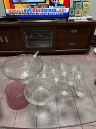 調酒宴會、雞尾酒宴會必備【酒缸x1 酒盤x1 老玻璃酒杯x11】【森林花浮雕】【全新品】