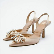 Zara Women's Shoes Back Strap Single Open Heel Stiletto Rhinestone Pointed Toe Mules High Sandals Women