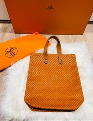 Hermes 愛馬仕橘 vintage 編織皮革手提包 /托特包/近乎全新美品