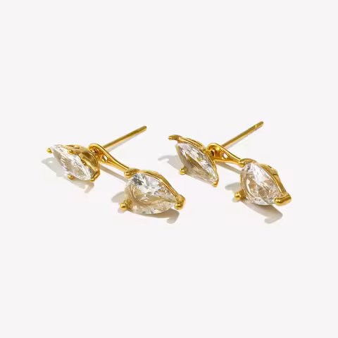 E.B.belle Water Drop Horse Eye Zircon Earrings in front and back 316L Stainless Steel 18K Gold Plate